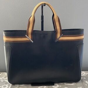 Gucci Sherry Line Black Leather Web Tote Bag with Canvas Handles